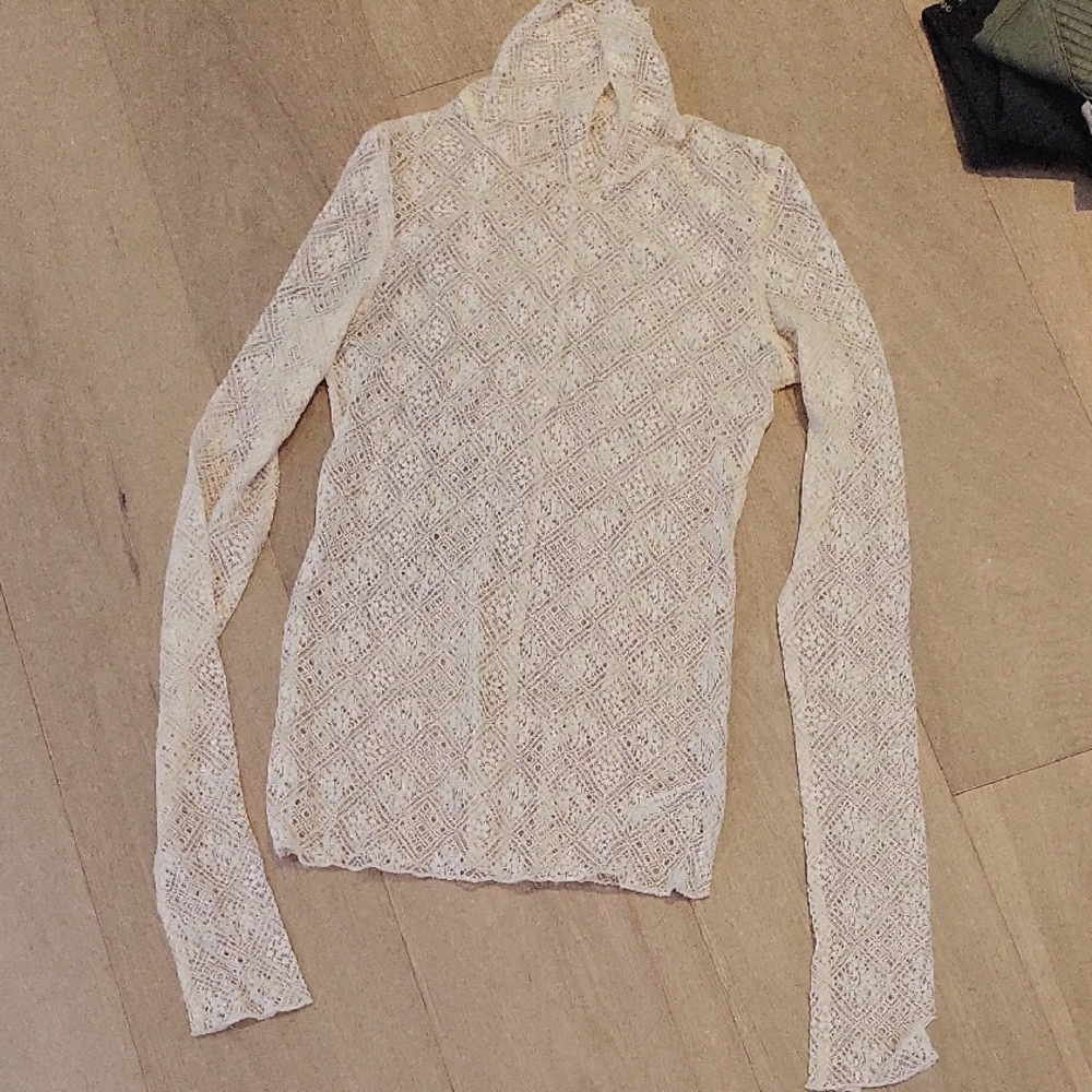 Free People Sheer Lace Mock Neck Top in Ivory Cream